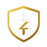 Goldenes Schild-Logo mit schwarzem Hintergrund. Im Inneren befindet sich ein stilisiertes Symbol aus einem Schwert und einer abstrakten, z-förmigen Form in Gold und Weiß, das Sicherheit und Technologie kombiniert.